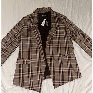 Women's Large Open Front Fall  Brown Plaid  Work Wear Blazer NWT